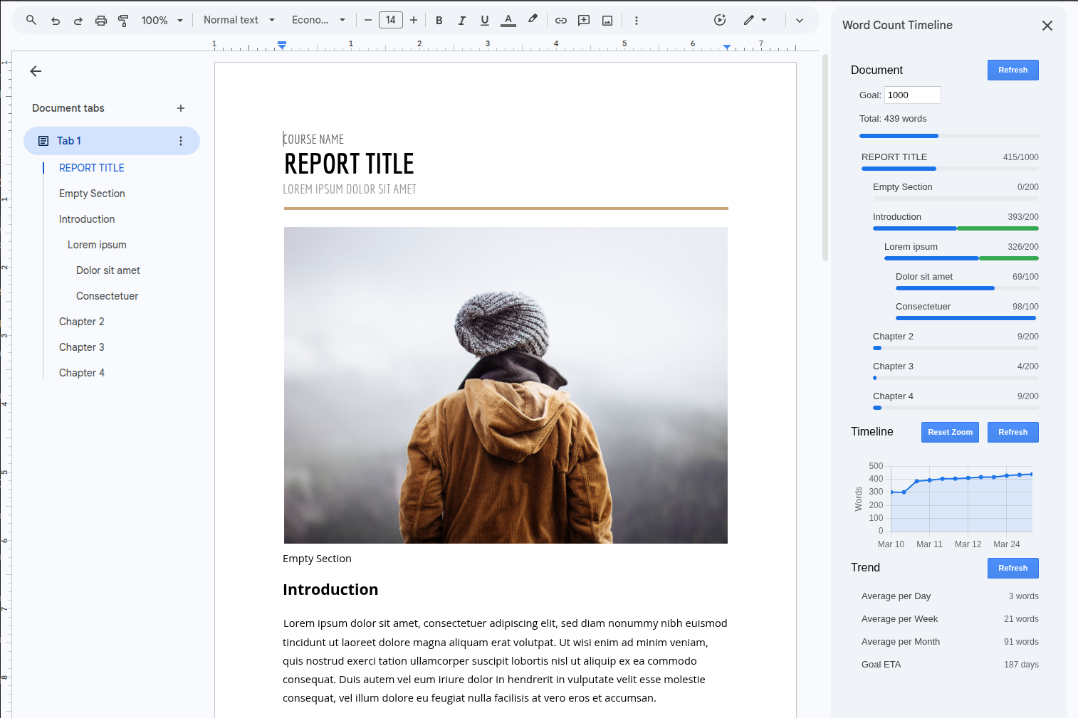 Word Count Timeline Interface